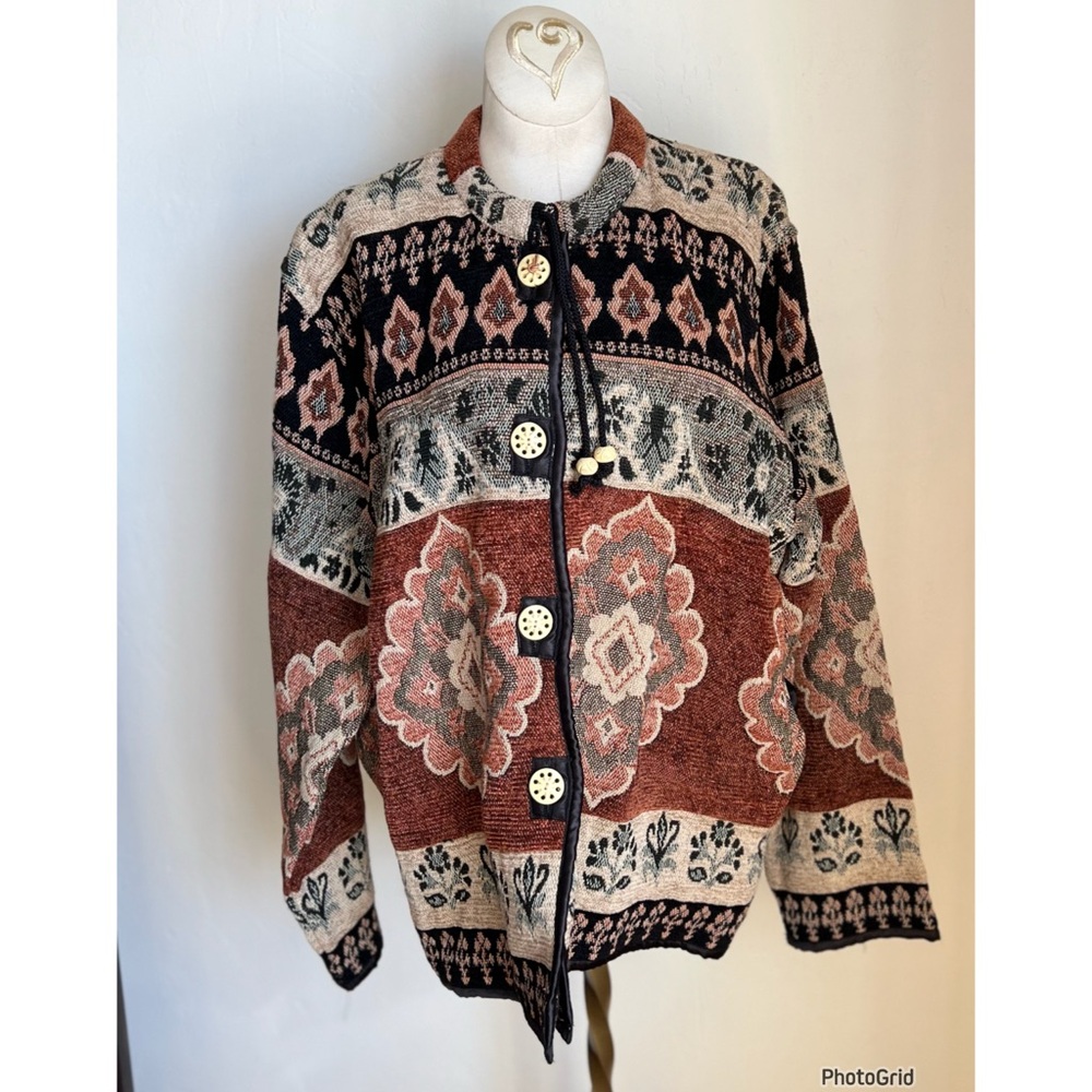 Retro Tapestry Printed Circle Button Cardigan Jacket Size Large